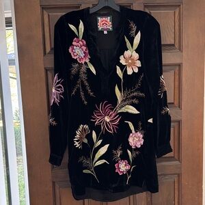 Johnny Was Black Velvet Top with Floral Embroidery